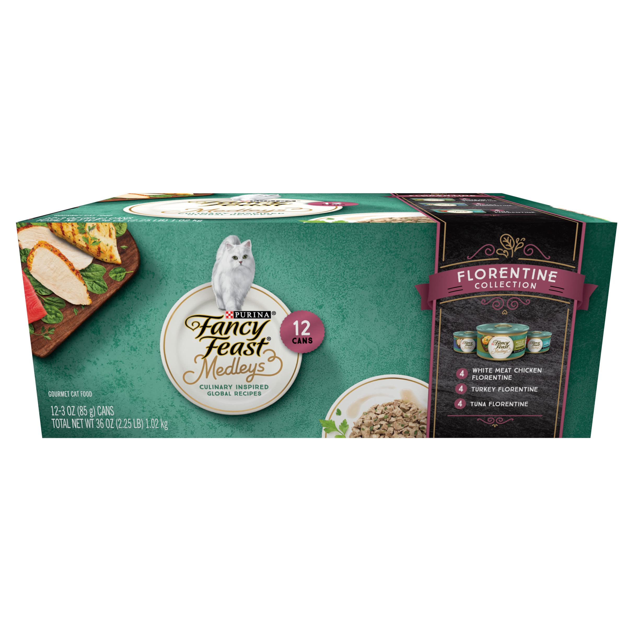Fancy Feast Purina Medleys Florentine front pack view showing variety and elegance