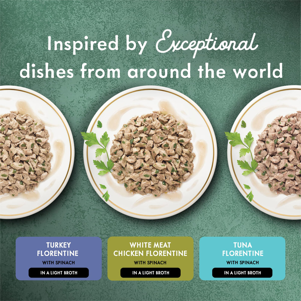 Fancy Feast Purina Medleys Florentine tuna serving in bowl illustrating enticing aroma