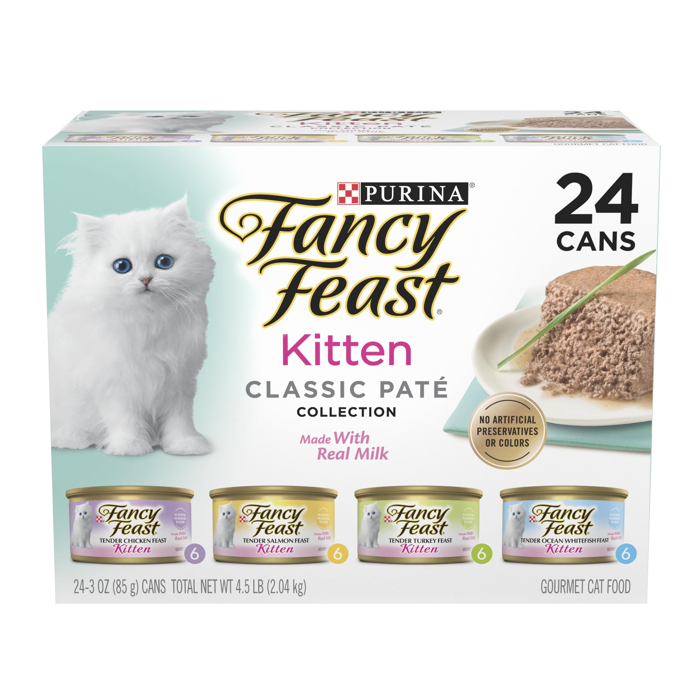 Fancy Feast Purina pack frontal mostrando las 24 latas y beneficios nutricionales