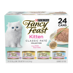 Fancy Feast Purina pack frontal mostrando las 24 latas y beneficios nutricionales