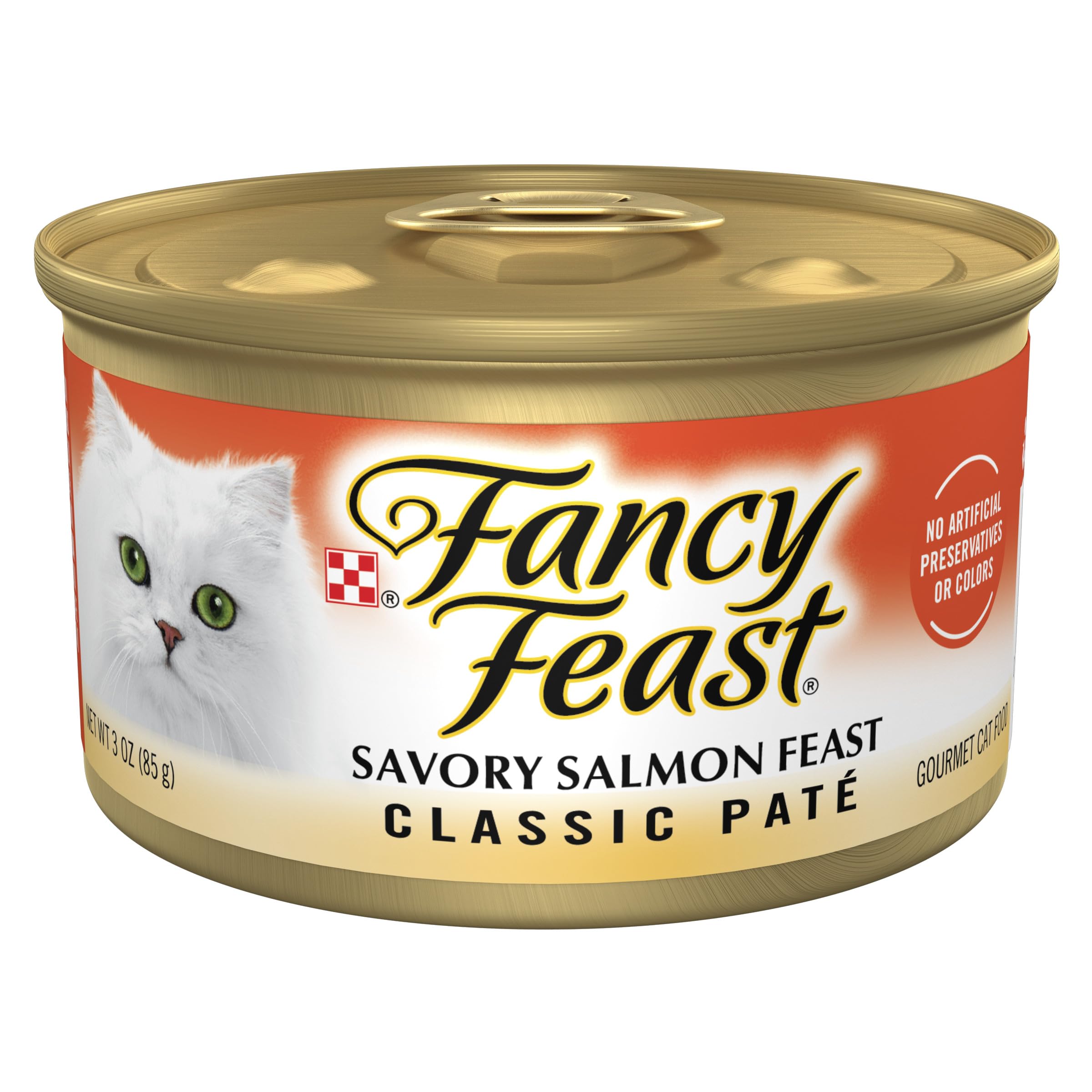 Fancy Feast lata frontal mostrando marca y beneficio nutricional