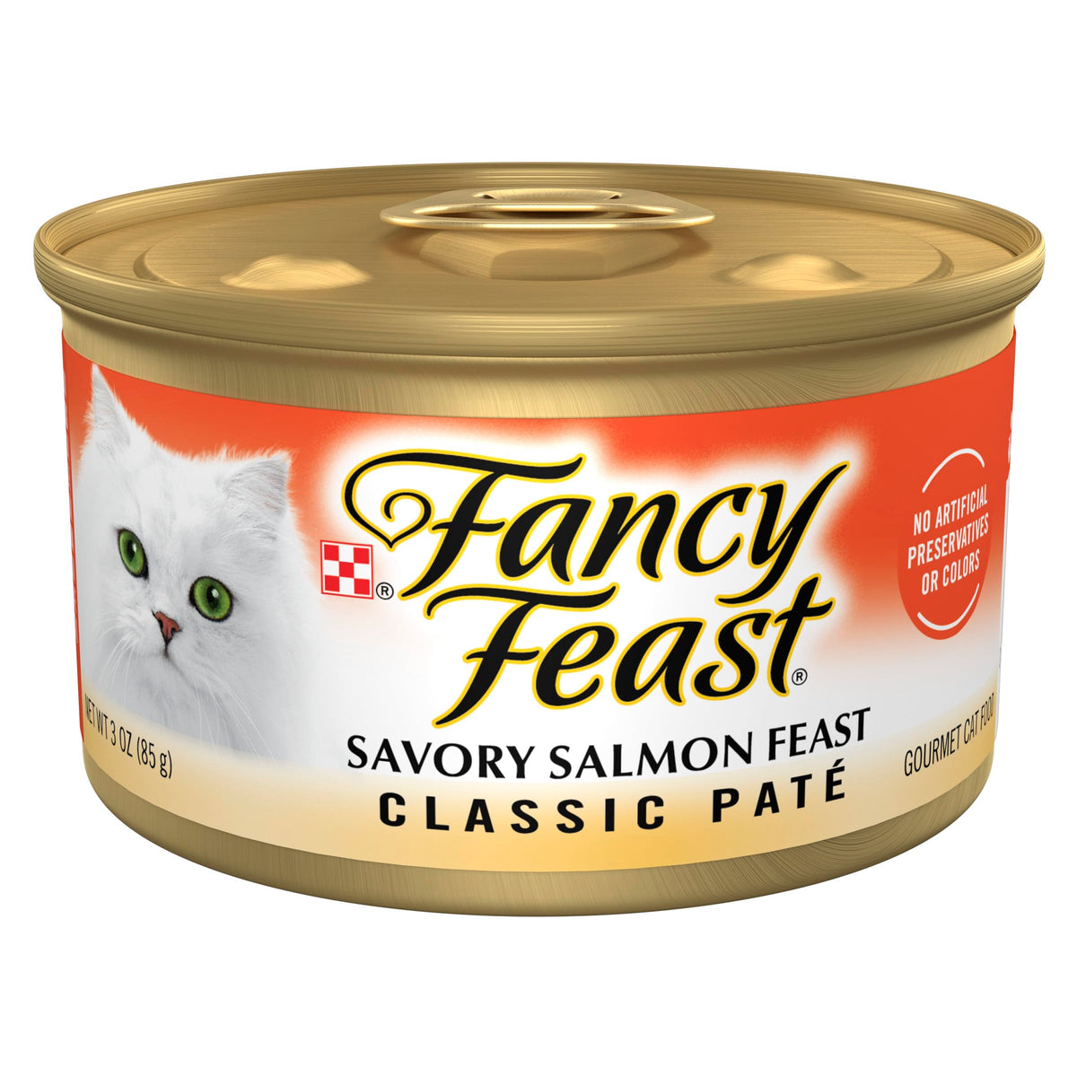 Fancy Feast lata frontal mostrando marca y beneficio nutricional