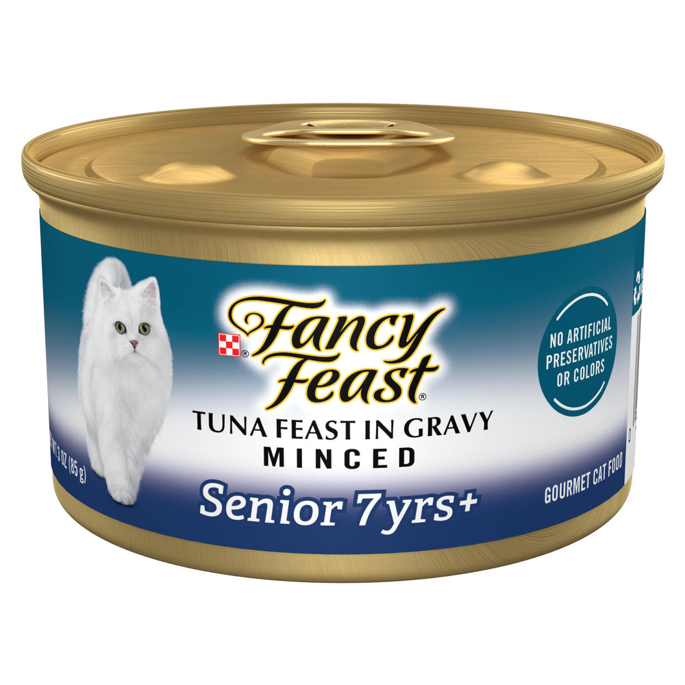 Fancy Feast senior front can showing label and flavor benefit