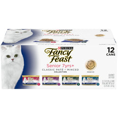 Fancy Feast pack frontal mostrando 24 latas, variedad visible y conveniencia