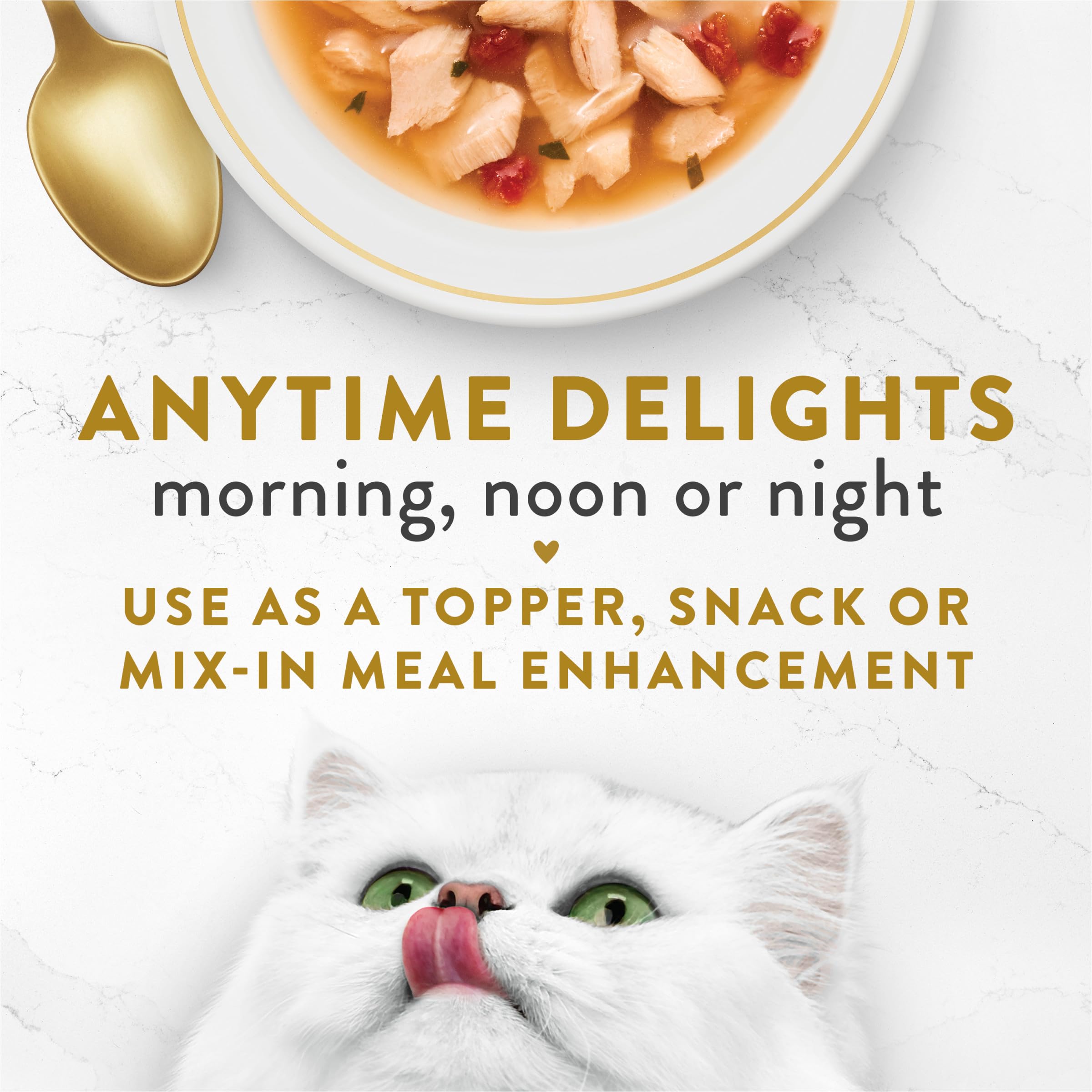 Fancy Feast sobre en mano mostrando tamaño práctico para raciones