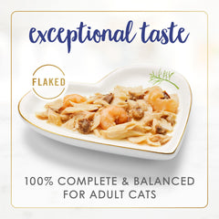 Fancy Feast textura de flakes desmenuzados, fácil masticación y sabor real