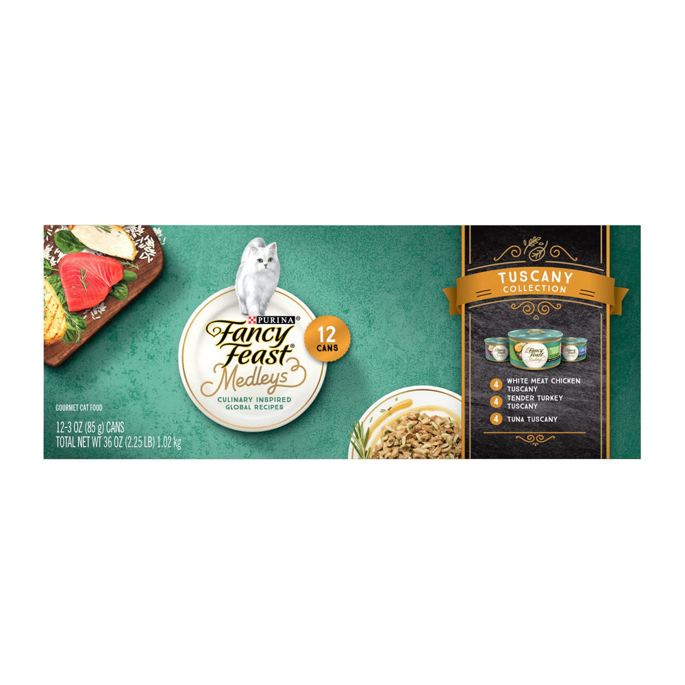 Fancy Feast pack Tuscany frente del envase mostrando variedad y conveniencia
