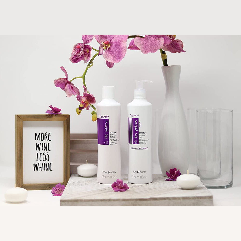 Fanola mask jar top view showing rich purple formula for toning benefits