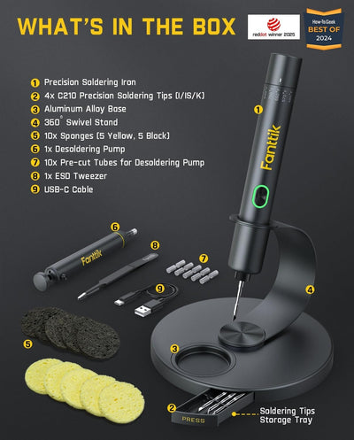 Fanttik soldering iron on a workbench lifestyle shot showing practical field or hobby use