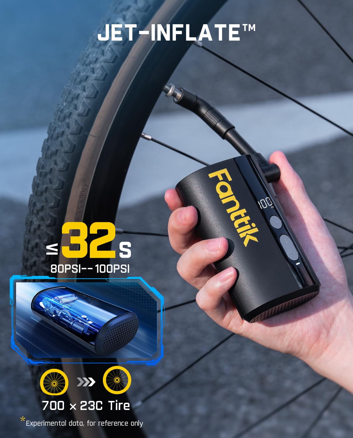 Fanttik X9 Ace montado en bici, inflado rápido en ruta