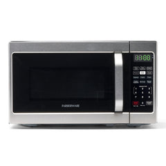 Farberware front view of stainless microwave showing compact countertop fit and reliable heating