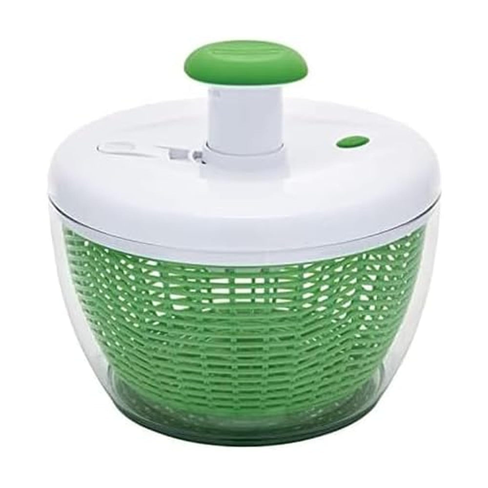 Farberware front view of pump salad spinner showing full unit and lid, quick prep benefit