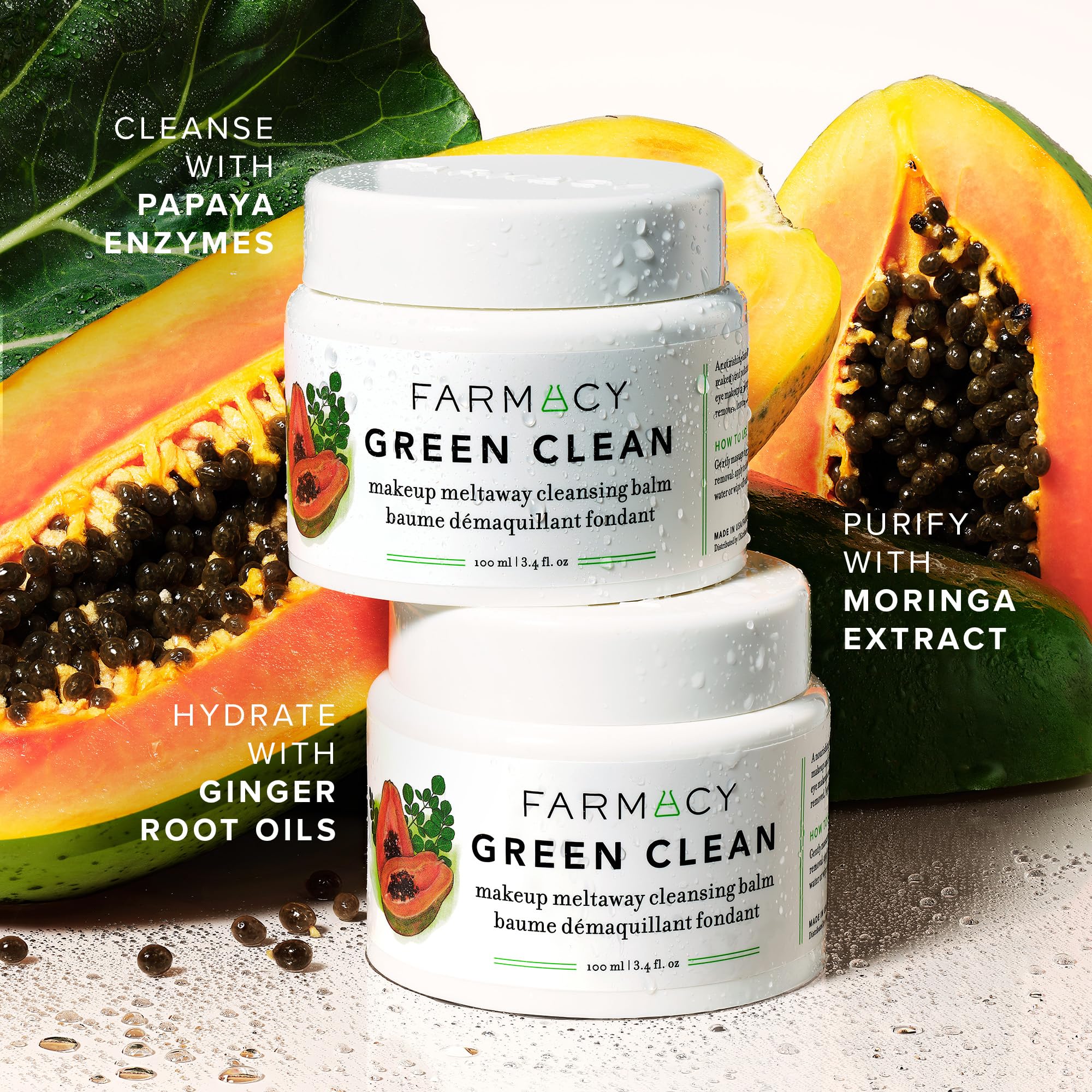 farmacy Green Clean balm applied to hand demonstrating massage application and makeup dissolution