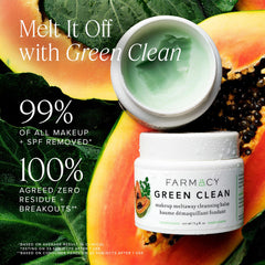 farmacy Green Clean open balm texture on fingertip, showing creamy solid-to-oil melting benefit