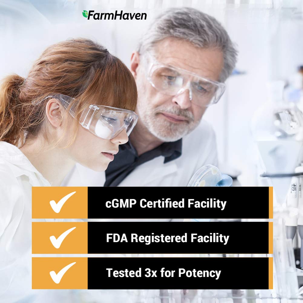 FarmHaven sellos y certificados de calidad que indican fabricación cGMP en EE. UU.