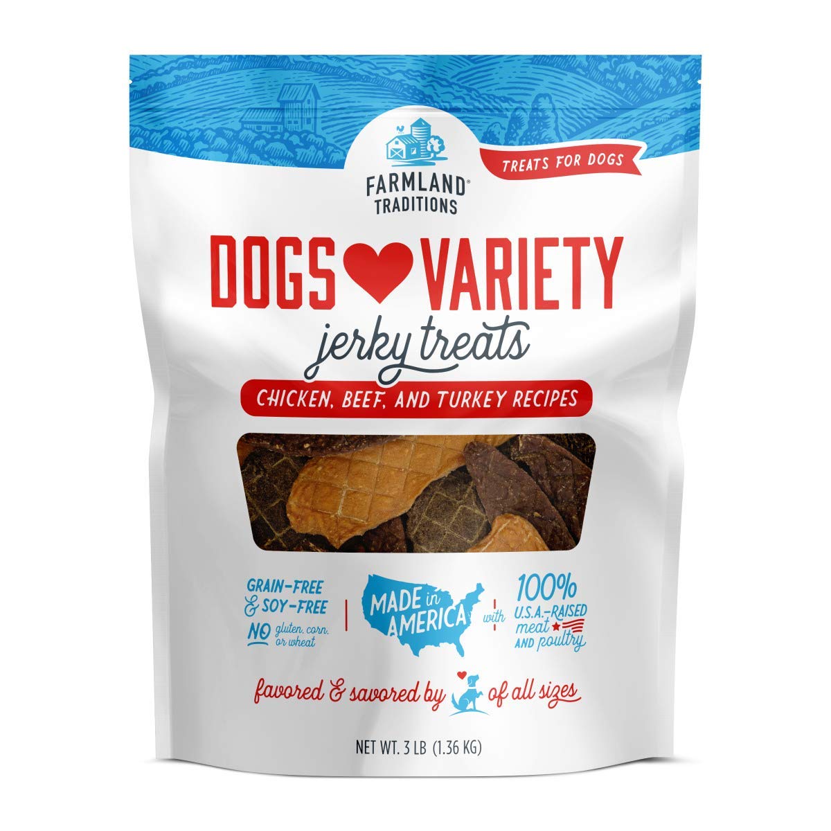Farmland Traditions bolsa frontal mostrando mezcla premium de jerky