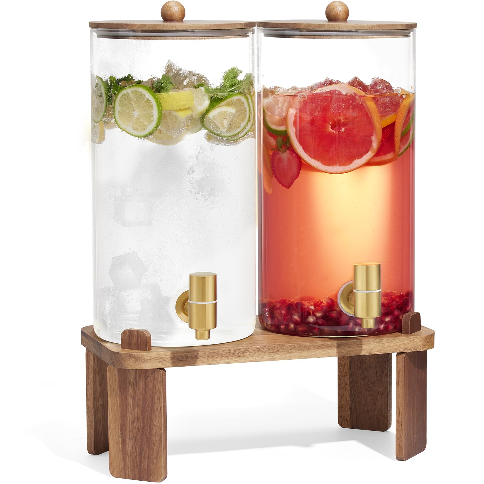 FavorFlavor front view showing glass dispenser on wood stand, elegant serving solution