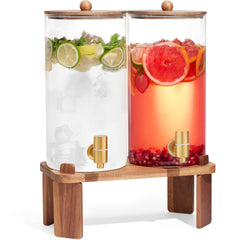 FavorFlavor front view showing glass dispenser on wood stand, elegant serving solution