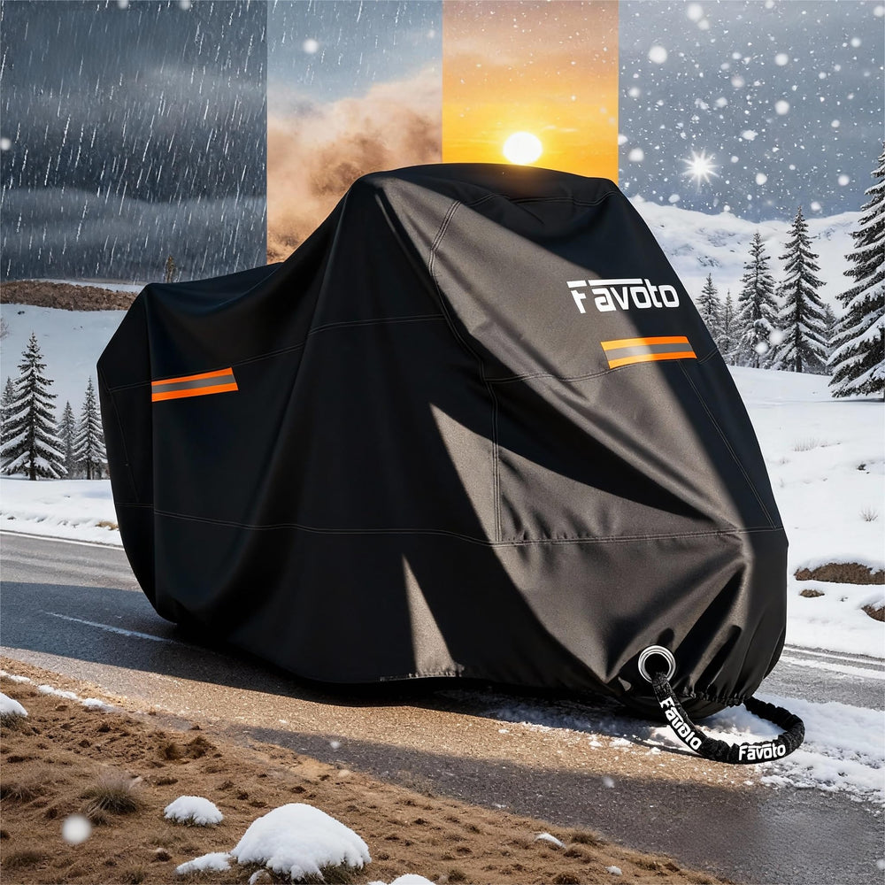 Favoto cover on motorcycle in driveway demonstrating outdoor protection