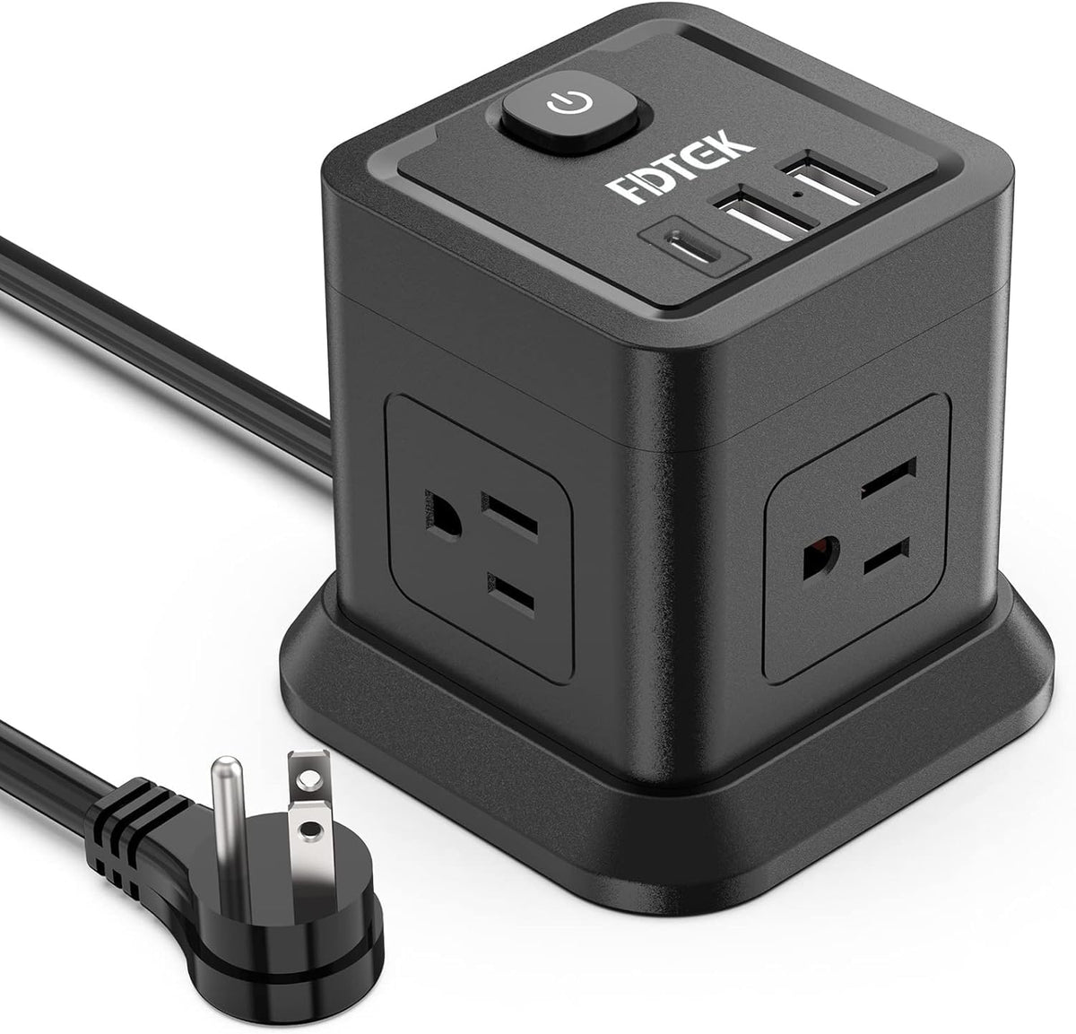 FDTEK cubo frontal mostrando 4 enchufes y 3 puertos USB, organización eficiente