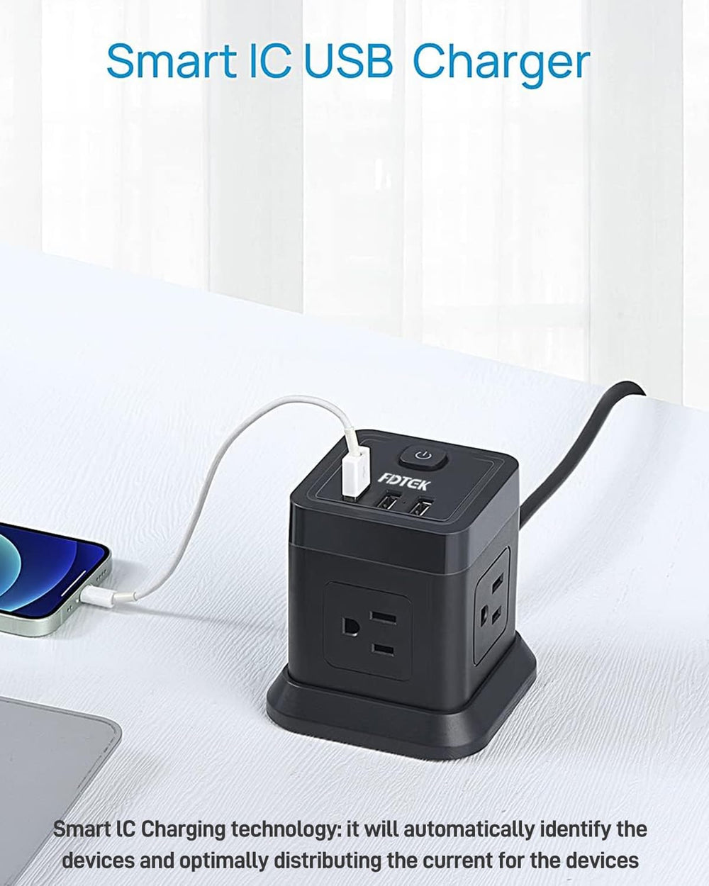 FDTEK regleta en uso sobre escritorio, mantiene dispositivos y cables ordenados