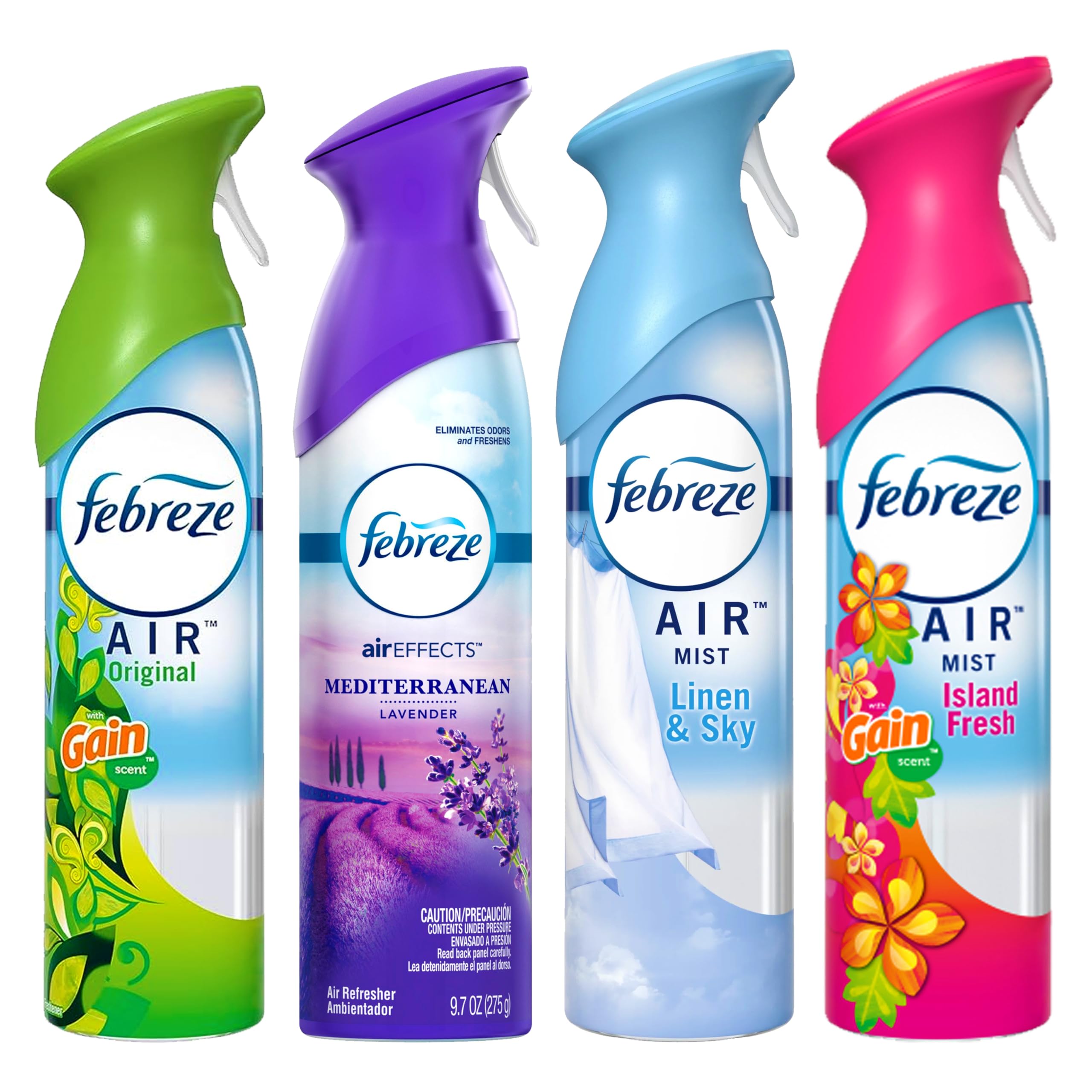 Febreze pack frontal 4 unidades mostrando fragancias y diseño práctico