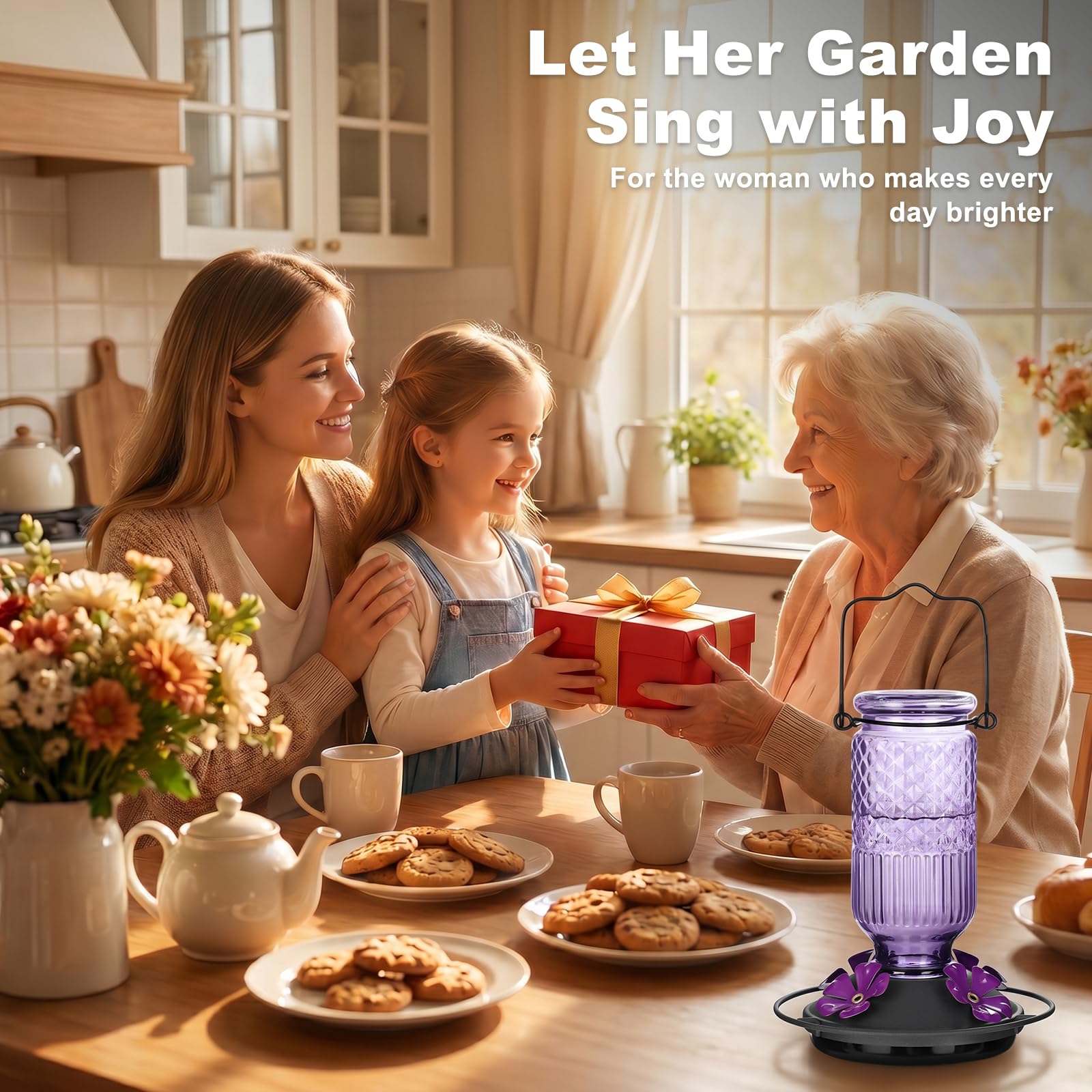 FEED GARDEN comparación de tamaño con manos para escala, capacidad 16 oz clara