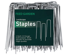 FEED GARDEN paquete frontal mostrando 100 grapas para jardín y su beneficio de cobertura