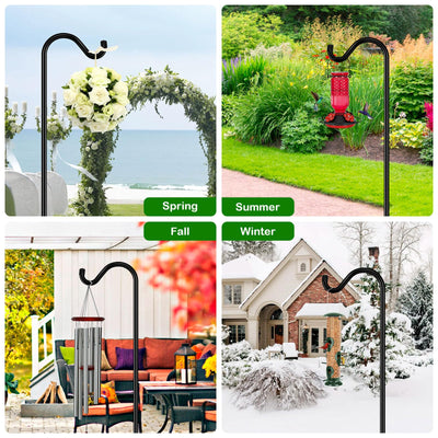 FEED GARDEN shepherds hook with lanterns at an outdoor wedding demonstrating decorative use