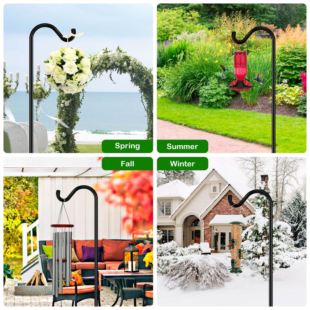 FEED GARDEN shepherds hook with lanterns at an outdoor wedding demonstrating decorative use
