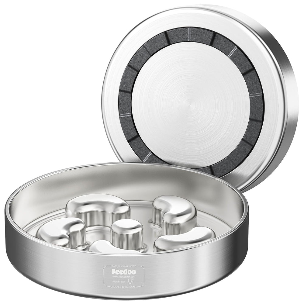 Feedoo front view showing bowl shape and durable stainless finish for reliable feeding