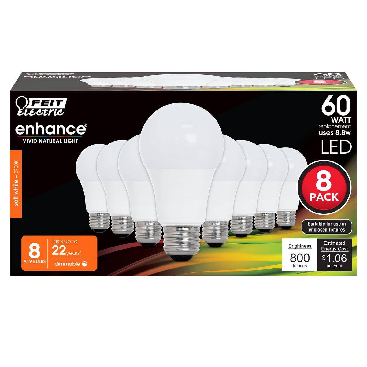 Feit Electric pack de ocho A19 mostrando el frente y ahorro energético