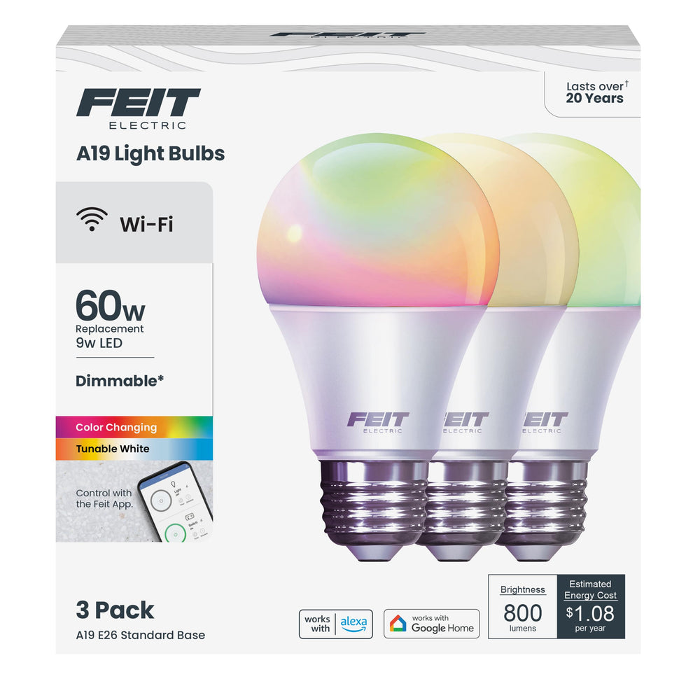 Feit Electric bombilla A19 frontal mostrando cuerpo y base E26, instalación fácil