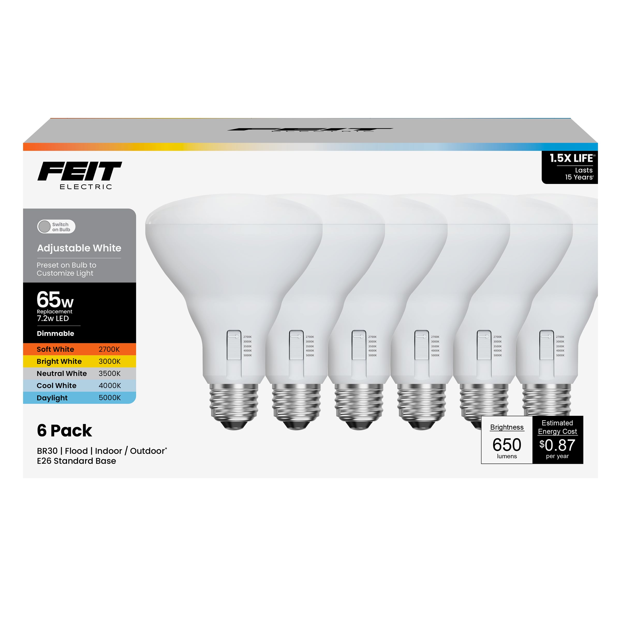 Feit Electric vista frontal del paquete mostrando 6 bombillas, ahorro energético