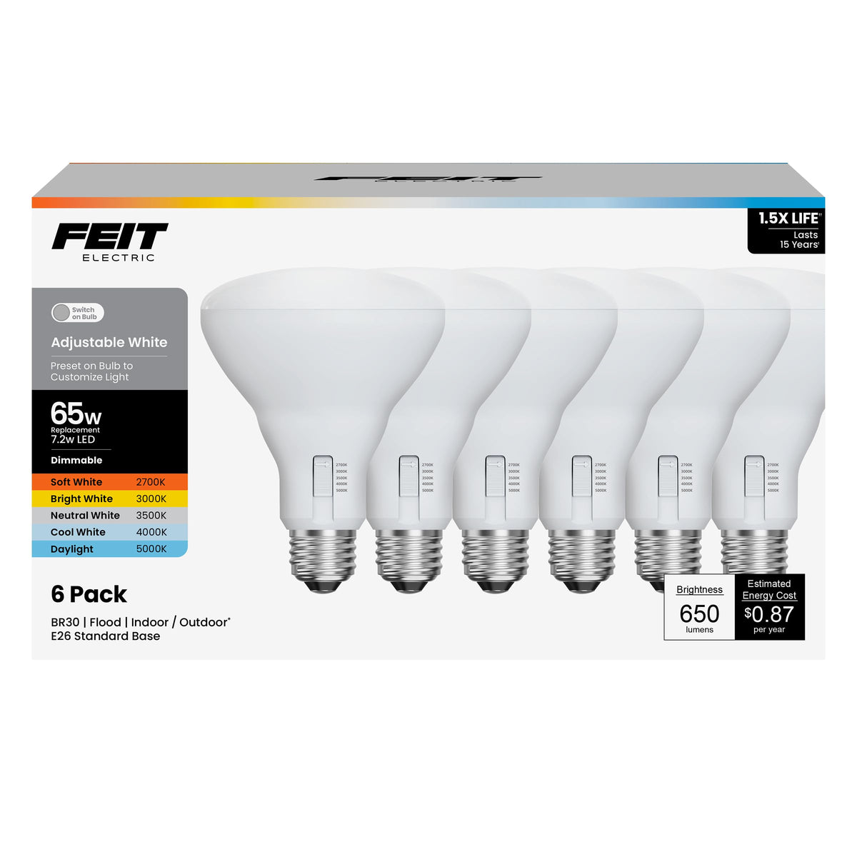 Feit Electric vista frontal del paquete mostrando 6 bombillas, ahorro energético