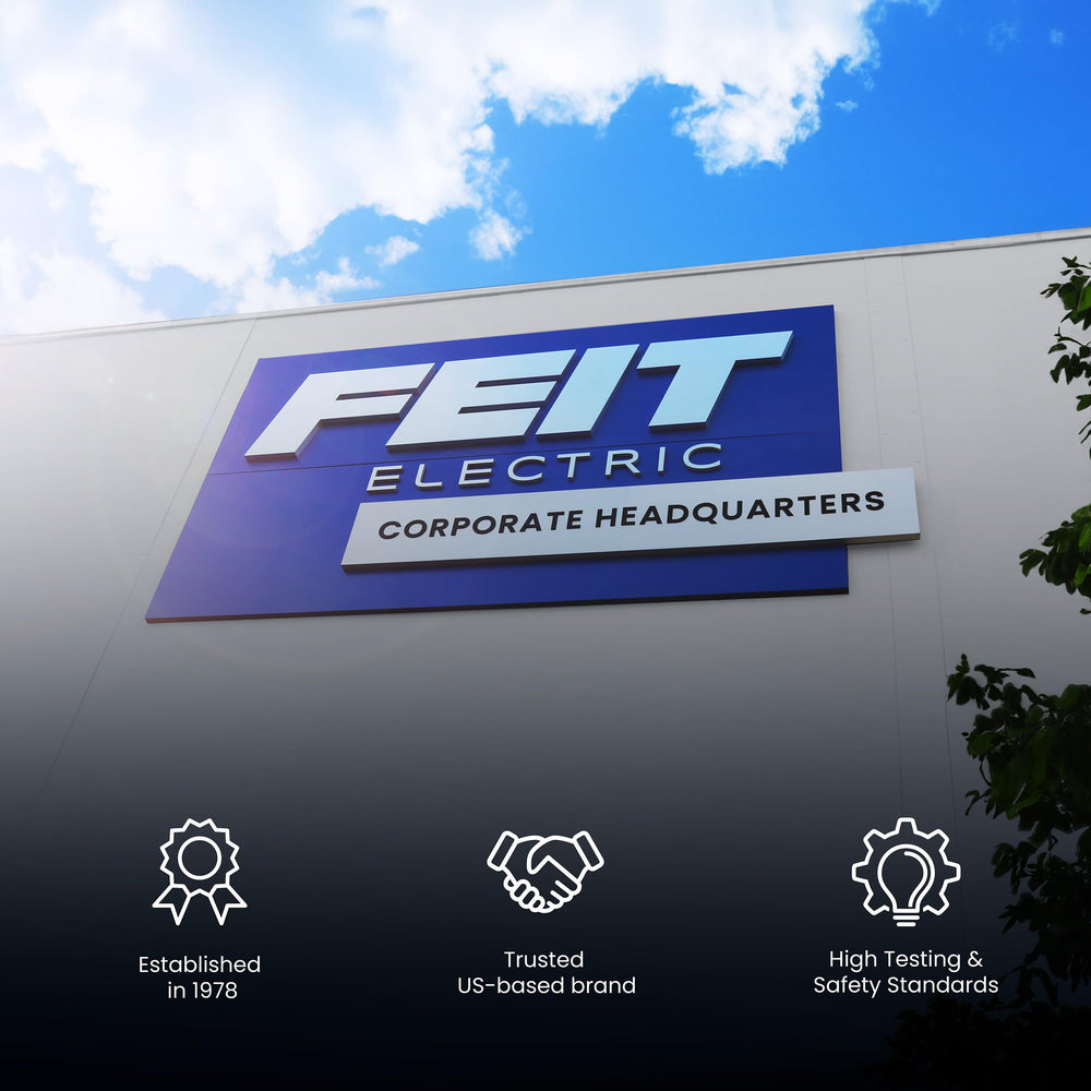 Feit Electric etiqueta técnica con datos de lúmenes y consumo eficiente