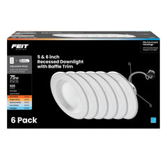 Feit Electric front view of six retrofit downlights shows uniform modern finish and easy install benefit