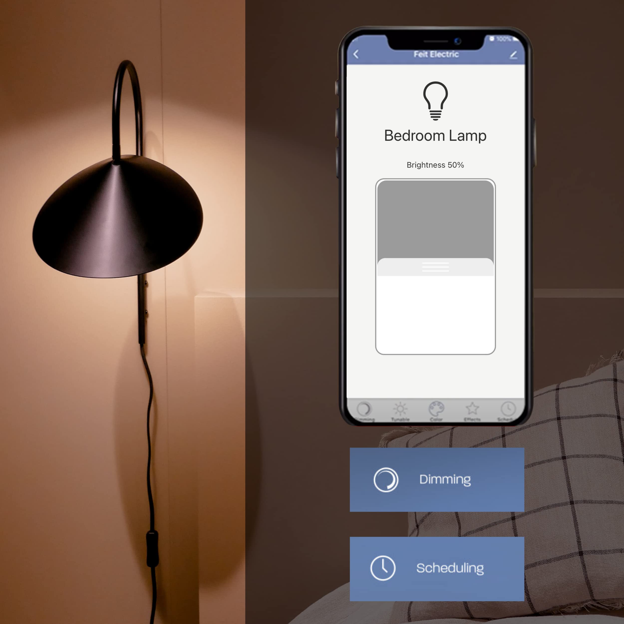 Feit Electric luz blanco cálido destacando tono confortable para dormitorio