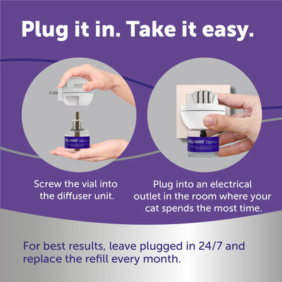 FELIWAY Optimum diffuser with relaxed cat demonstrating reduced stress
