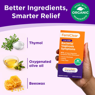FemiClear label close-up listing natural ingredients and clean formulation