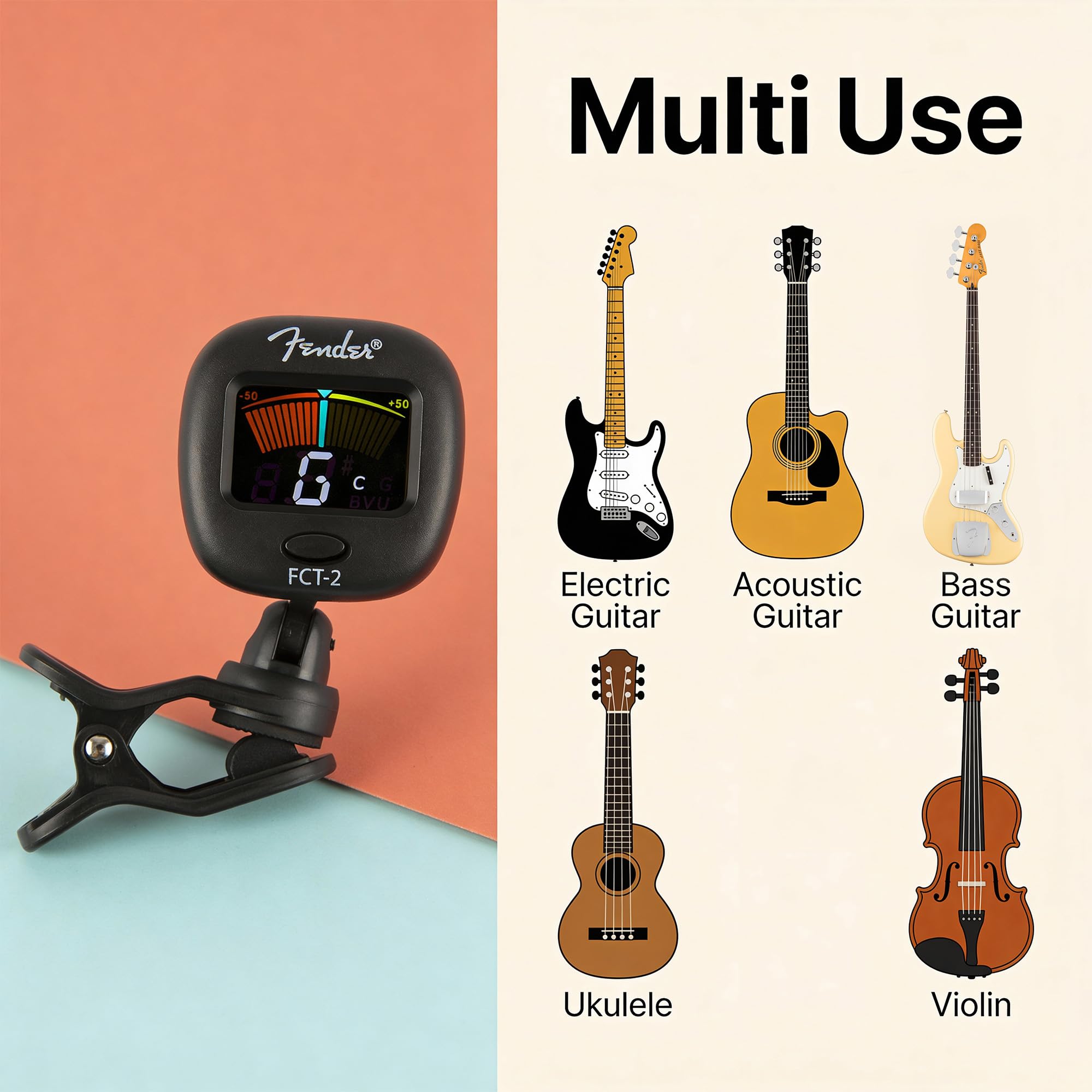 Fender FCT-2 montado en ukelele, cambio rápido entre modos