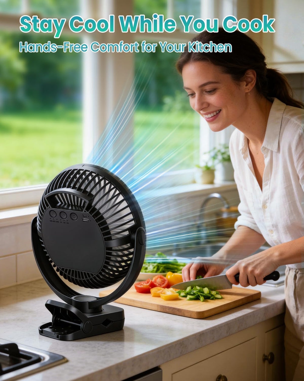 Fentara ventilador comparación con mano mostrando tamaño portátil
