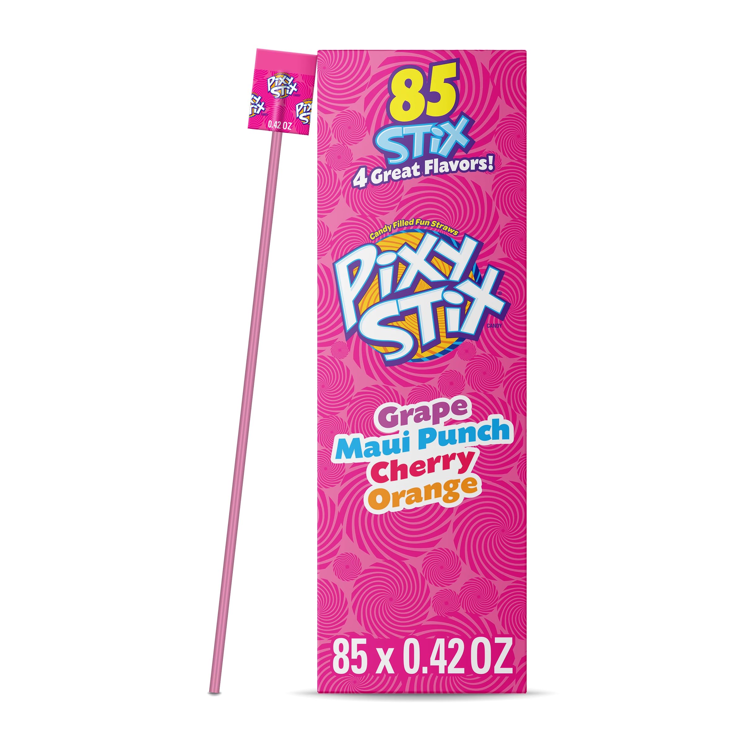 Ferrara Wonka Pixy Stix empaque frontal mostrando 85 pajitas para compartir