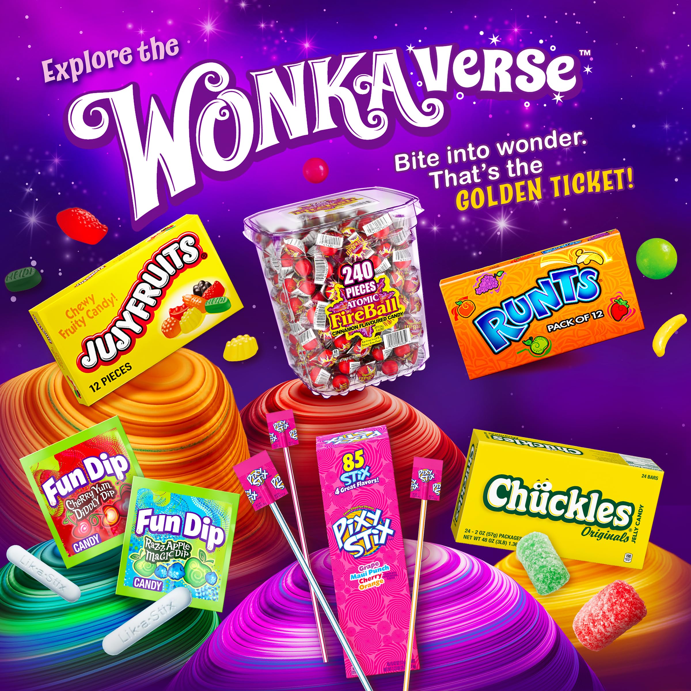 Ferrara Wonka Runts junto a boleto de cine ilustrando tamaño ideal para sala