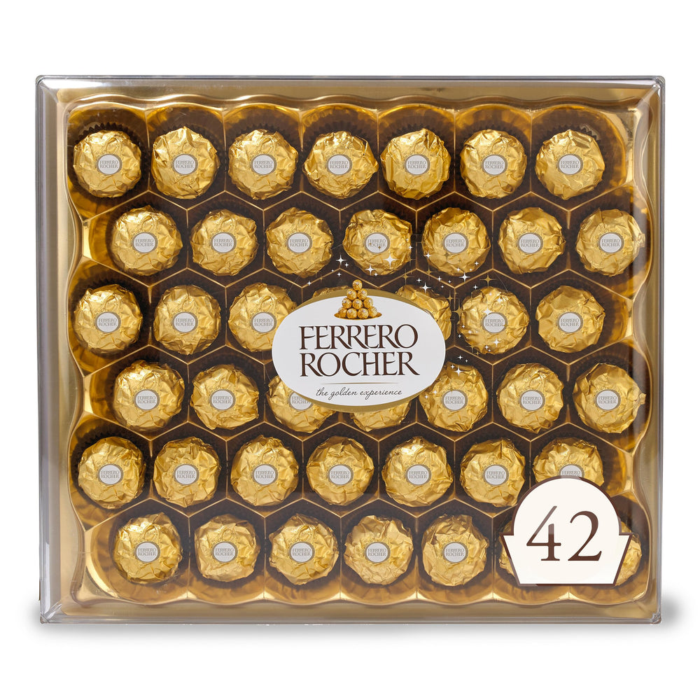 Ferrero Rocher front packaging showing elegant gold box and branding benefit: premium gift-ready presentation