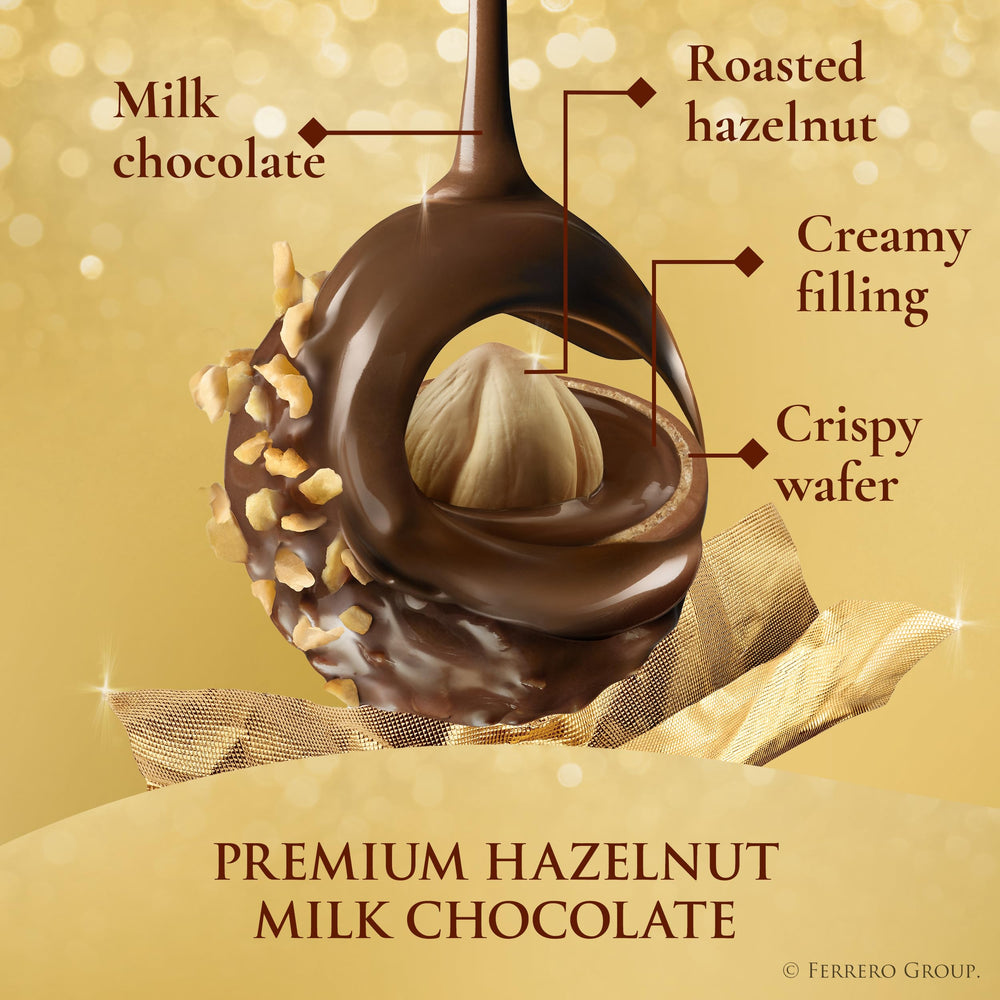 Ferrero Rocher open box overhead view displaying individually wrapped pieces for easy sharing