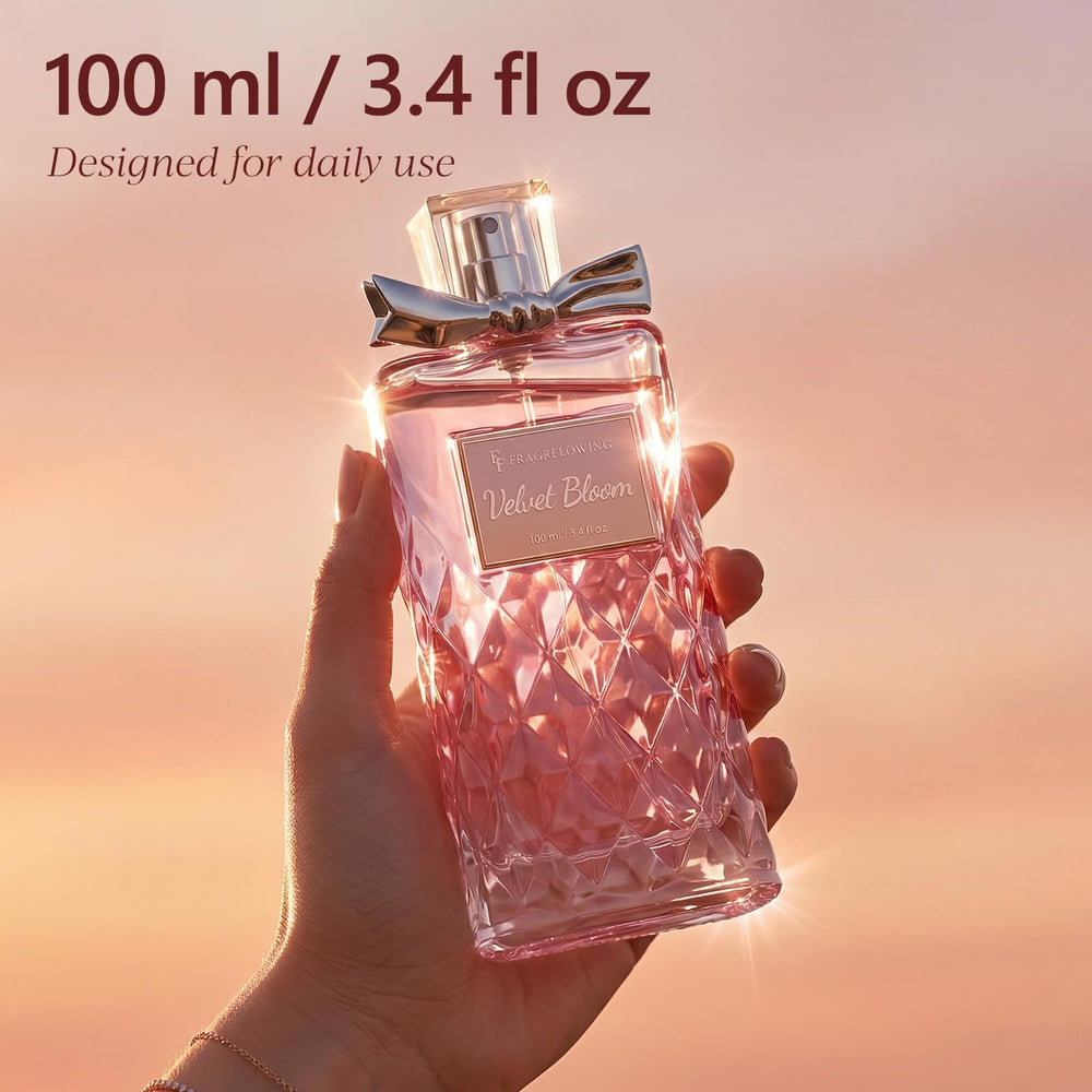 FF FRAGRFLOWING frasco junto a una regla, compara tamaño 100 ml práctico