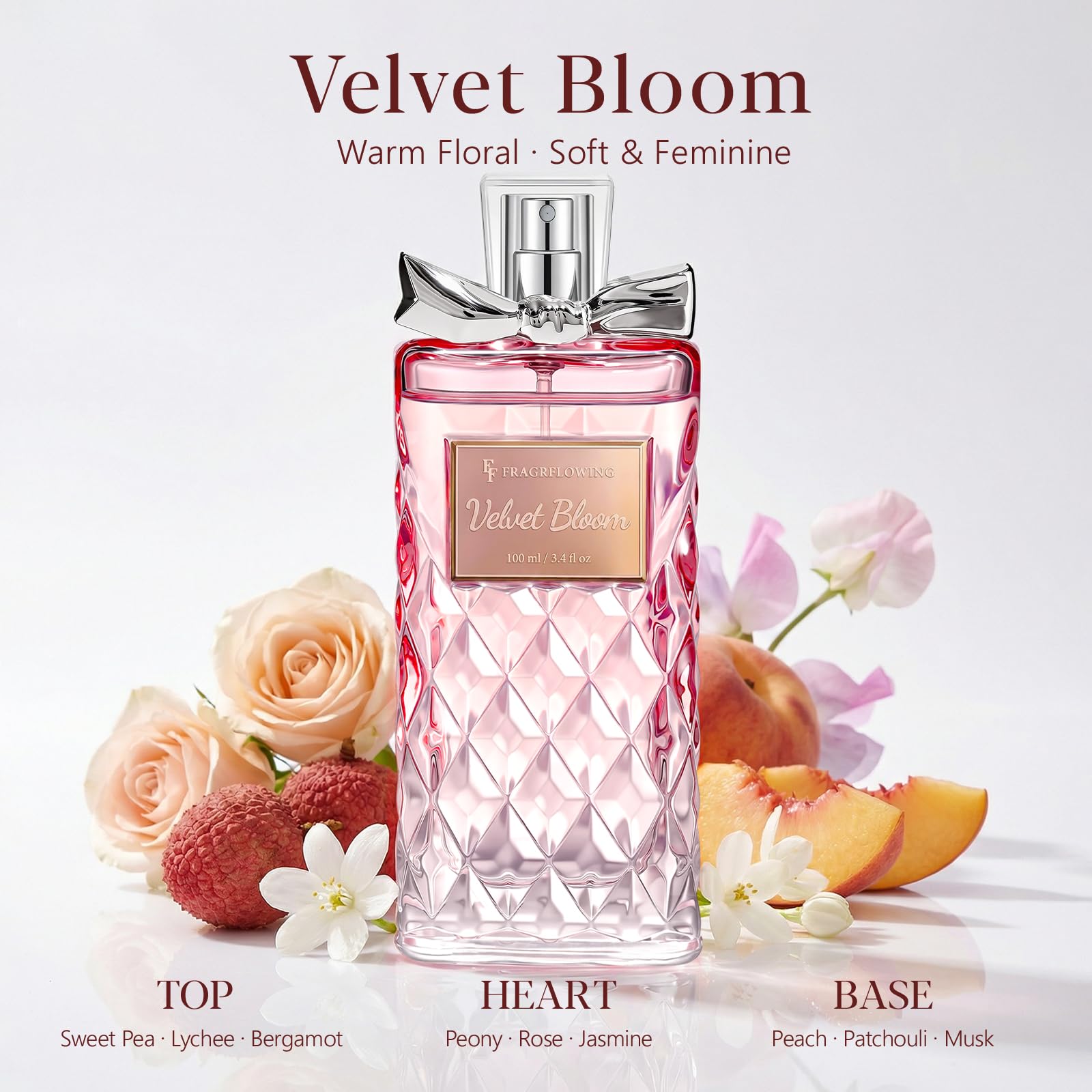 FF FRAGRFLOWING primeros planos de rosas y peonía, expresa notas florales