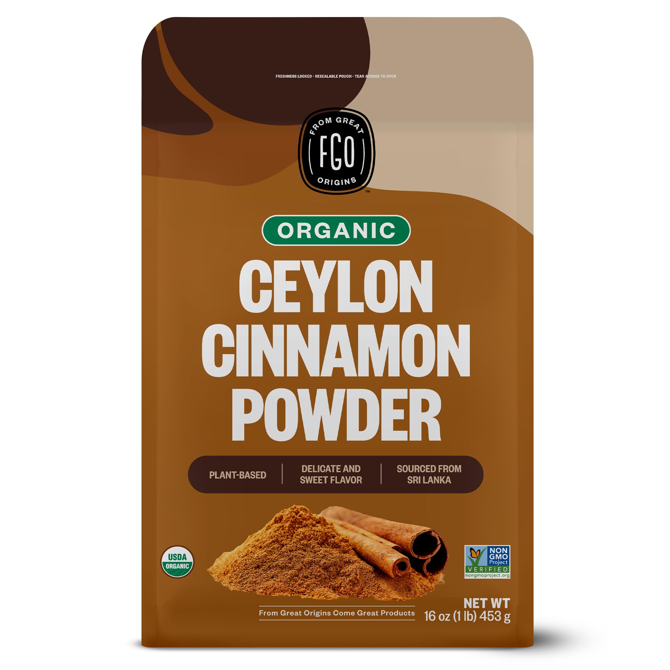 FGO envase frontal de canela Ceilán orgánica mostrando tamaño y marca