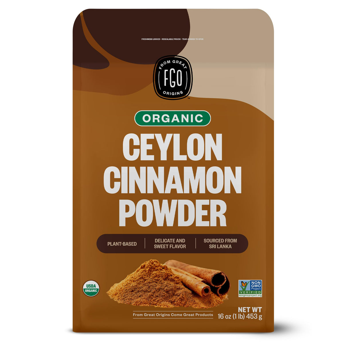 FGO envase frontal de canela Ceilán orgánica mostrando tamaño y marca